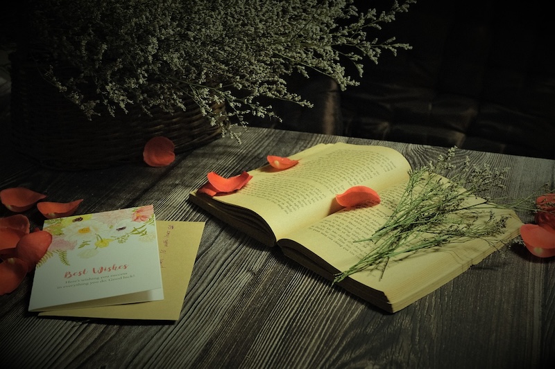 Open book with card and petals